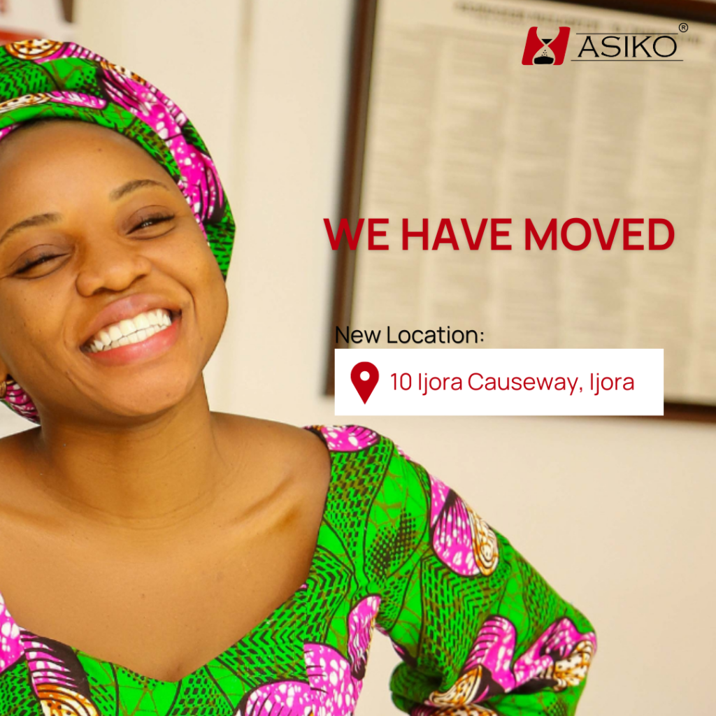 Nigerian woman and employee of Asiko Energy smiling in a colorful dress in announcement that Asiko Energy has moved to a new location